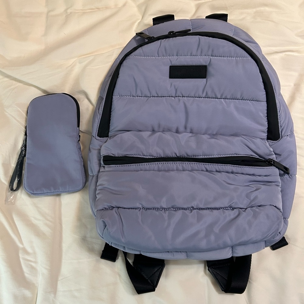 Ted Baker London BNWT Purple Puffy Nylon Backpack and Phone Holder